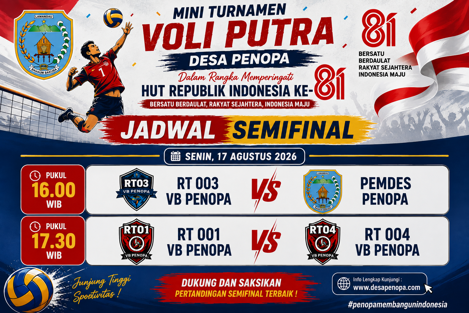 PENGUMUMAN SEMIFINAL MINI TURNAMEN VOLI PUTRA DESA PENOPA 🇮🇩